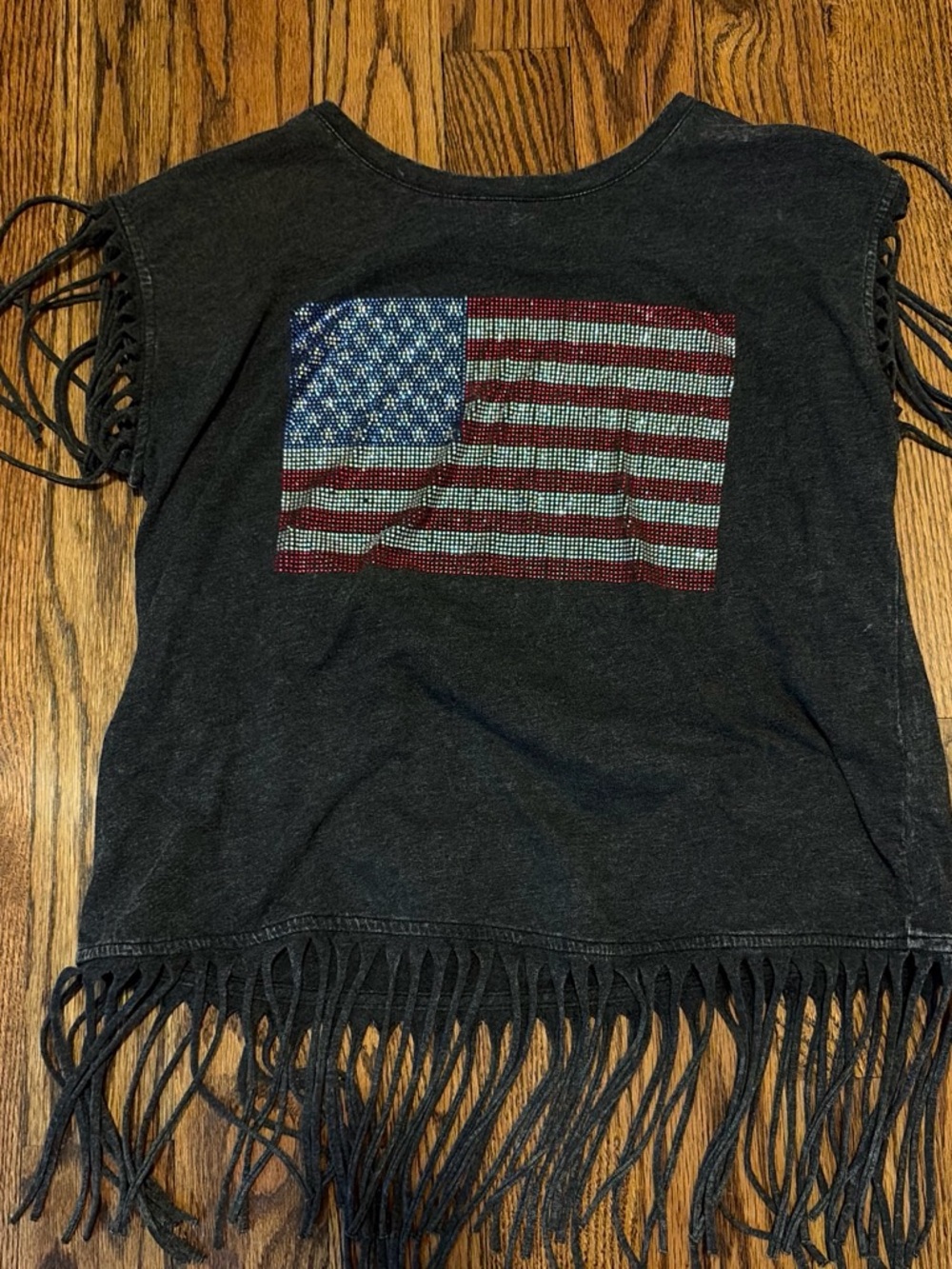 Cato Black Short-Sleeve Fringe Tee with Rhinestone American Flag